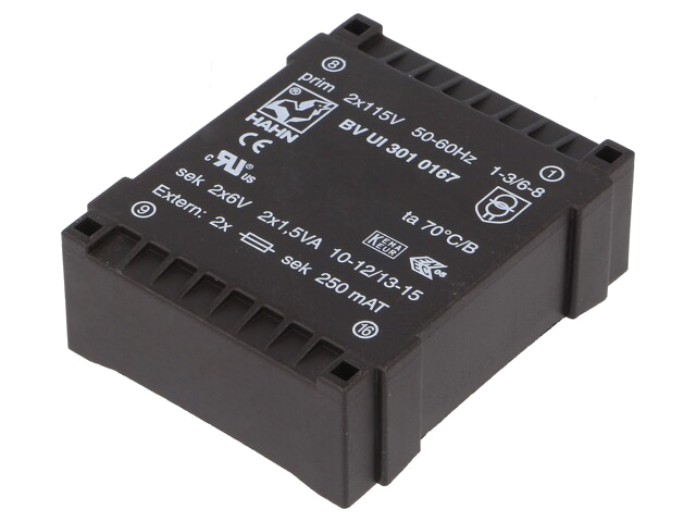 Transformator: ingegoten; 3VA; 115VACx2; 6V; 6V; 250mA; 250mA; PCB Transformator: ingegoten; 3VA; 115VACx2; 6V; 6V; 250mA; 250mA; PCB